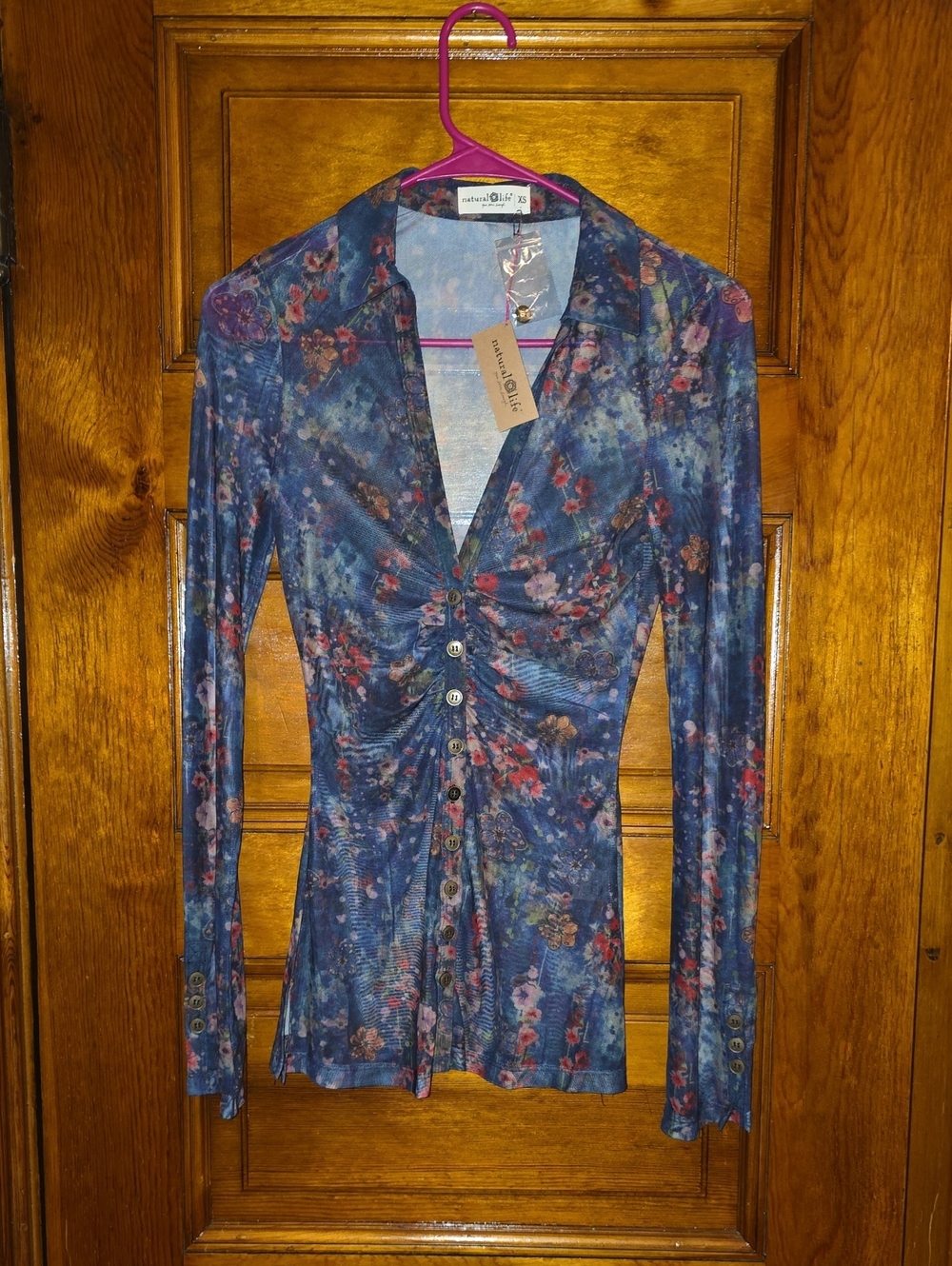 NATURAL LIFE Sheer Blue Floral Ruched Button-Down Shirt